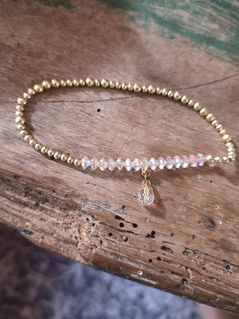 Gold Beaded Bracelet with Pink Crystal Accent